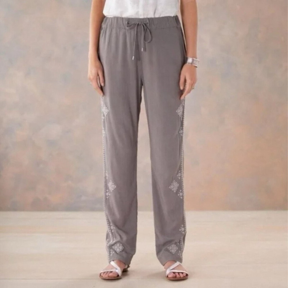Sundance Tone It Up Embroidered Pull On Pants Taupe Medium Boho Resort Coastal - Picture 2 of 11